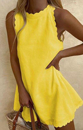 Kadın Keten Kumaş Sıfır Kol Mini Boy Elbise