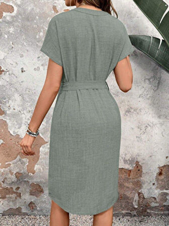 Kadın Kısa Kollu V Hakim Yaka Belden Kuşaklı Valencia Elbise