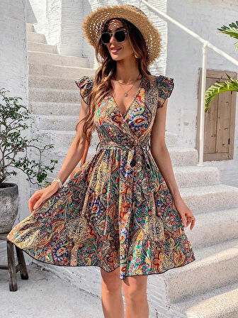 Kadın Kısa Kelebek Kollu Kruvaze Yakalı Süprem Elbise