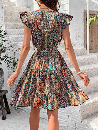 Kadın Kısa Kelebek Kollu Kruvaze Yakalı Süprem Elbise