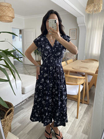 Kadın Kısa Kollu Kruvaze Yakalı Beli Lastikli çiçek Desenli Elbise