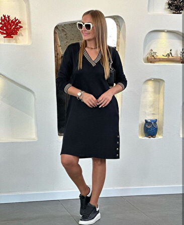 Kadın Uzun Kollu V Yaka Kol Ve Yaka Ribanalı Etek çıtçıt Detay Iki Iplik Elbise