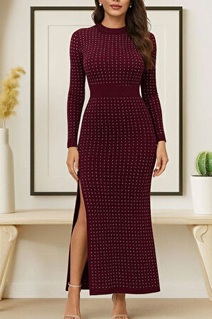 Kadın Uzun Kollu Bisiklet Yaka Taşlı Midi Kadife Elbise