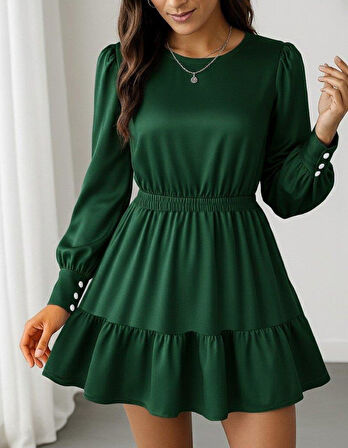 Kadın Uzun Kollu Bisiklet Yaka Beli Lastikli Fırfırlı Ithal Krep Elbise