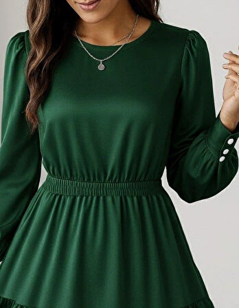 Kadın Uzun Kollu Bisiklet Yaka Beli Lastikli Fırfırlı Ithal Krep Elbise