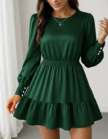 Kadın Uzun Kollu Bisiklet Yaka Beli Lastikli Fırfırlı Ithal Krep Elbise