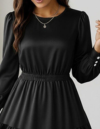 Kadın Uzun Kollu Bisiklet Yaka Beli Lastikli Fırfırlı Ithal Krep Elbise