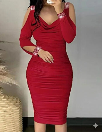 Kadın Omuzlardan Açık Uzun Kollu Taşlı Degaje Yakalı Sandy Midi Elbise