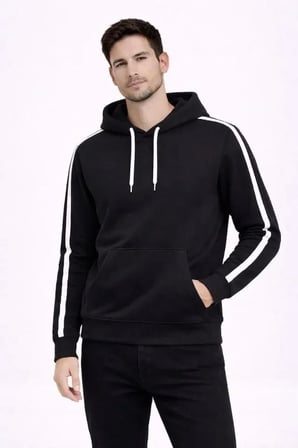 Erkek Şeritli Kapüşonlu Sweatshirt Oversize 3 Iplik Pamuklu - Siyah