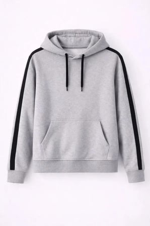 Erkek Şeritli Kapüşonlu Sweatshirt Oversize 3 Iplik Pamuklu - Gri
