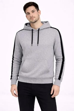 Erkek Şeritli Kapüşonlu Sweatshirt Oversize 3 Iplik Pamuklu - Gri