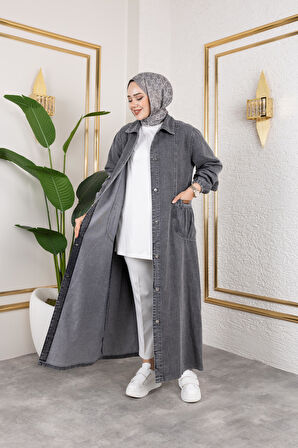 Kadın Düğmeli Cepli Kar Yıkamalı Denim Kot Kap