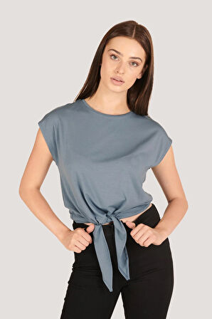 P-004933 - Kadın Basic Önden Bağlamalı Kısa Kollu Örme T-Shirt - GRİ MAVİ