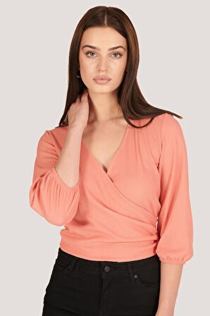 P-005007 - Kadın Uzun Kollu V Yaka Wrap Bluz - AÇIK PEMBE