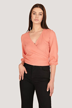 P-005007 - Kadın Uzun Kollu V Yaka Wrap Bluz - AÇIK PEMBE