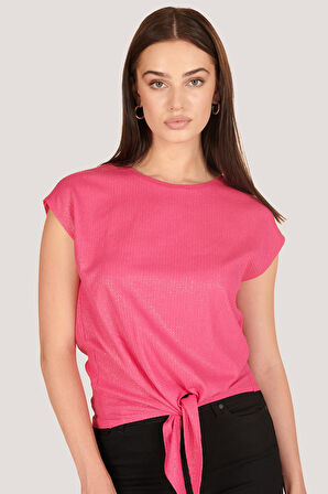 P-005006 - Kadın Pamuklu Belden Bağlamalı Bluz - FUŞYA