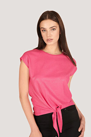 P-005006 - Kadın Pamuklu Belden Bağlamalı Bluz - FUŞYA