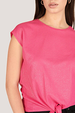 P-005006 - Kadın Pamuklu Belden Bağlamalı Bluz - FUŞYA