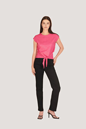 P-005006 - Kadın Pamuklu Belden Bağlamalı Bluz - FUŞYA