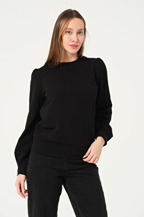 P-004986 - Kadın Omuzu Büzgülü Pamuklu Uzun Kollu Sweatshirt - SİYAH
