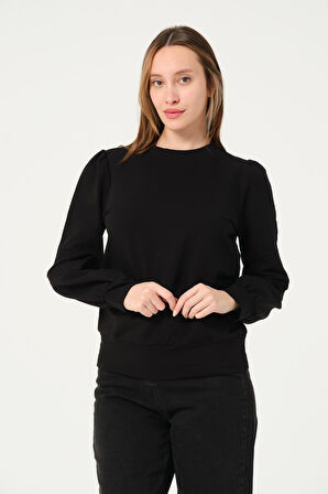 P-004986 - Kadın Omuzu Büzgülü Pamuklu Uzun Kollu Sweatshirt - SİYAH