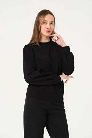 P-004986 - Kadın Omuzu Büzgülü Pamuklu Uzun Kollu Sweatshirt - SİYAH