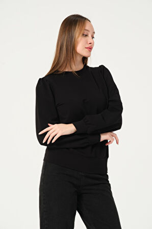 P-004986 - Kadın Omuzu Büzgülü Pamuklu Uzun Kollu Sweatshirt - SİYAH