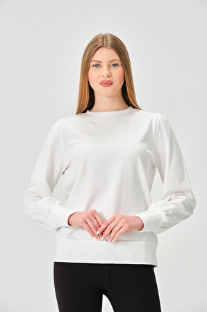 P-004986 - Kadın Omuzu Büzgülü Pamuklu Uzun Kollu Sweatshirt - EKRU