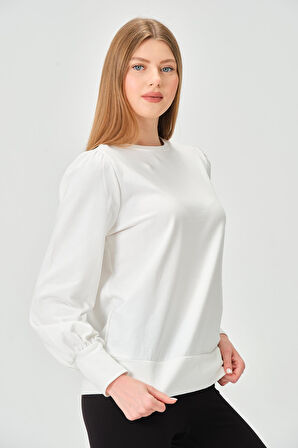 P-004986 - Kadın Omuzu Büzgülü Pamuklu Uzun Kollu Sweatshirt - EKRU