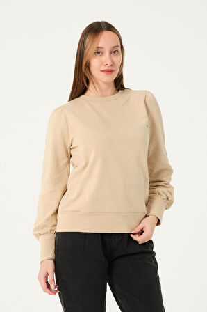 P-004986 - Kadın Omuzu Büzgülü Pamuklu Uzun Kollu Sweatshirt - BEJ