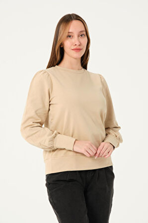 P-004986 - Kadın Omuzu Büzgülü Pamuklu Uzun Kollu Sweatshirt - BEJ