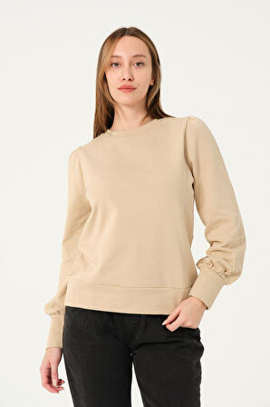 P-004986 - Kadın Omuzu Büzgülü Pamuklu Uzun Kollu Sweatshirt - BEJ