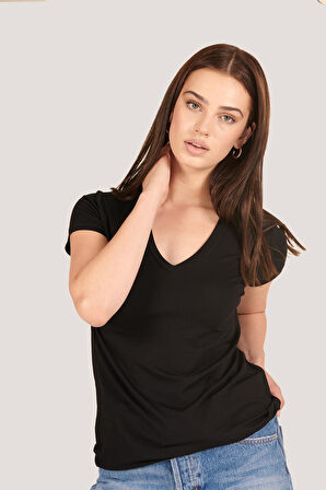 P-004954 - Kadın V Yaka Kısa Kollu Örme T-Shirt - SİYAH