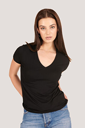 P-004954 - Kadın V Yaka Kısa Kollu Örme T-Shirt - SİYAH