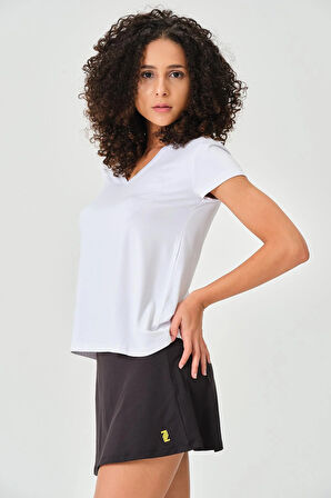 P-004954 - Kadın V Yaka Kısa Kollu Örme T-Shirt - OPTİK BEYAZ
