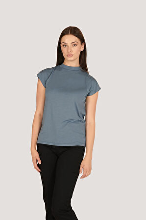 P-004932 - Kadın Kısa Kollu Yüksek Yaka Örme T-Shirt - GRİ MAVİ
