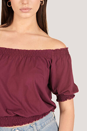P-004931 - Kadın Düşük Omuzlu Kısa Kollu Beli Lastikli Örme Bluz - KİREMİT
