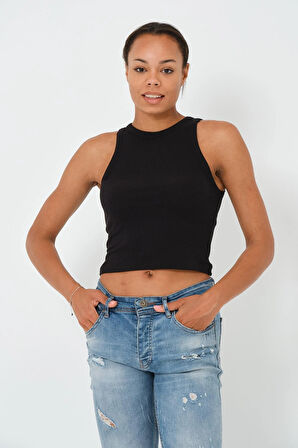 P-004925 - Kadın Fitilli Crop Örme Atlet - SİYAH