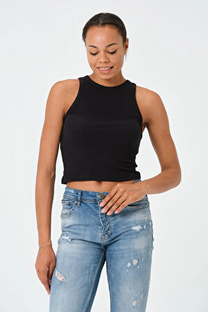 P-004925 - Kadın Fitilli Crop Örme Atlet - SİYAH