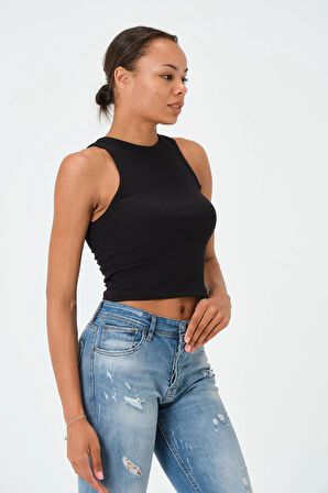 P-004925 - Kadın Fitilli Crop Örme Atlet - SİYAH