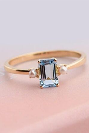 MELBOURNE AKUAMARİN TEKTAŞ  İNCİ YAN TAŞLARI YÜZÜK - AK620 