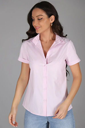 SWEETNESS Kadın Pembe Kısa Kol Likralı Pamuklu Klasik Gömlek 