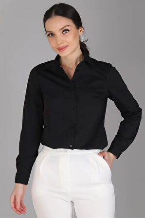 Sweetness Kadın Siyah Likralı Uzun Kol Pamuklu Klasik Gömlek