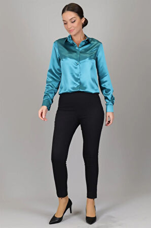 SWEETNESS Kadın Petrol Yeşili Saten Uzun Kol Abiye Gömlek