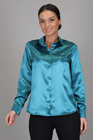 SWEETNESS Kadın Petrol Yeşili Saten Uzun Kol Abiye Gömlek