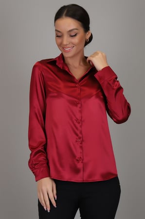 SWEETNESS Kadın Bordo Saten Uzun Kol Abiye Gömlek