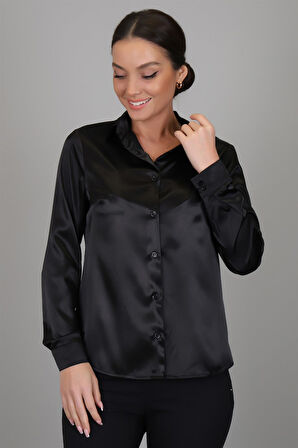SWEETNESS Kadın Siyah Likralı  Saten Uzun Kol Abiye Gömlek 