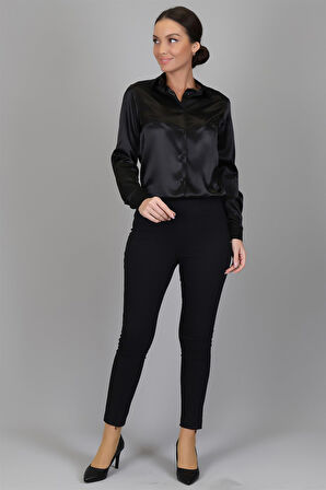 SWEETNESS Kadın Siyah Likralı  Saten Uzun Kol Abiye Gömlek 