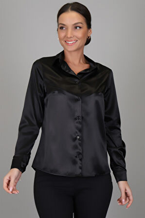 SWEETNESS Kadın Siyah Likralı  Saten Uzun Kol Abiye Gömlek 