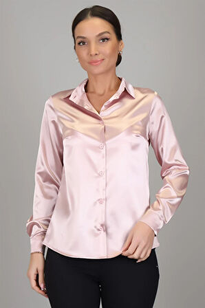 SWEETNESS Kadın Pudra Pembe  Likralı  Saten Uzun Kol Abiye Gömlek 